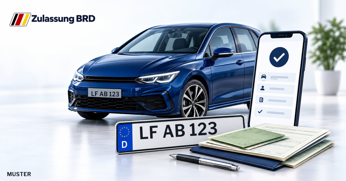 Online Fahrzeugzulassung in Burgkirchen a.d.Alz: Musterkennzeichen LF AB 123, Auto und Fahrzeugpapiere und Smartphone. Illustration mit Logo von Zulassung BRD.